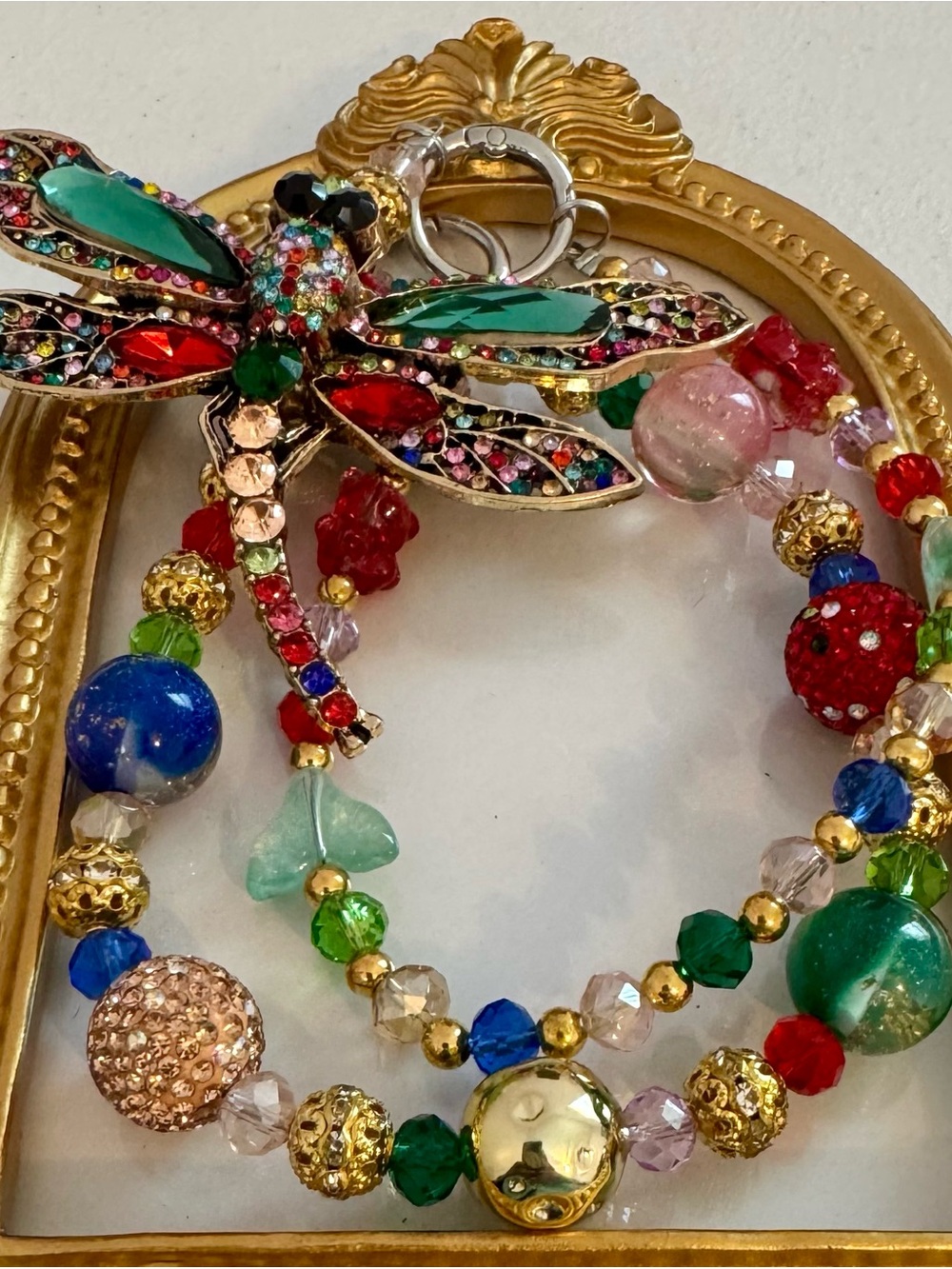 New Multicolor Crystal Dragonfly Charm Phone Chain - Gold Accents